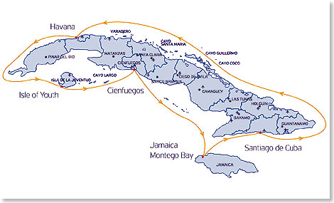 Der Routen-Plan fr Kuba-Kreuzfahrten der CELESTYAL CRYSTAL 2016/2017.
