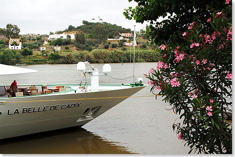 MS LA BELLE DE CADIX liegt am mit Oleander bewachsenen Ufer des Guadalquivir.