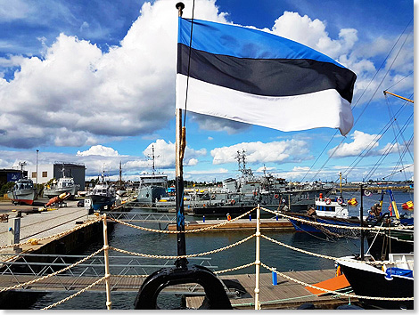 Die estnische Flagge des Eisbrechers SUUR TOLL weht ber dem Museumshafen von Tallinn.