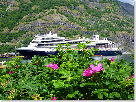 Sommerliche Fjordidylle: Die KONINGSDAM hat im Sognefjord festgemacht.