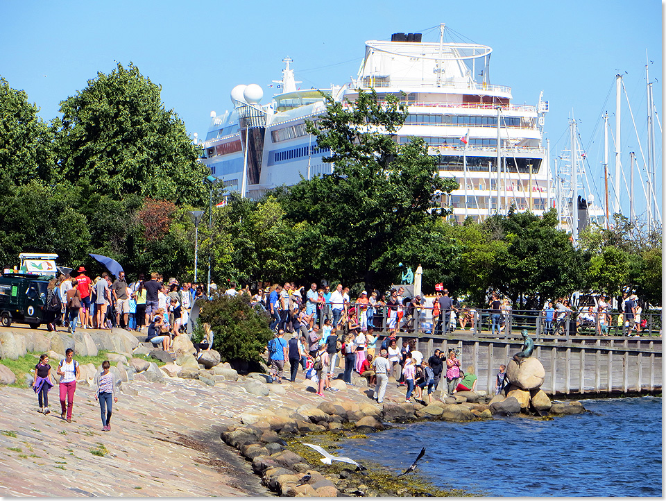 Kopenhagen: Die kleine Meerjungfrau erregt mehr Aufsehen als das AIDA-Schiff.