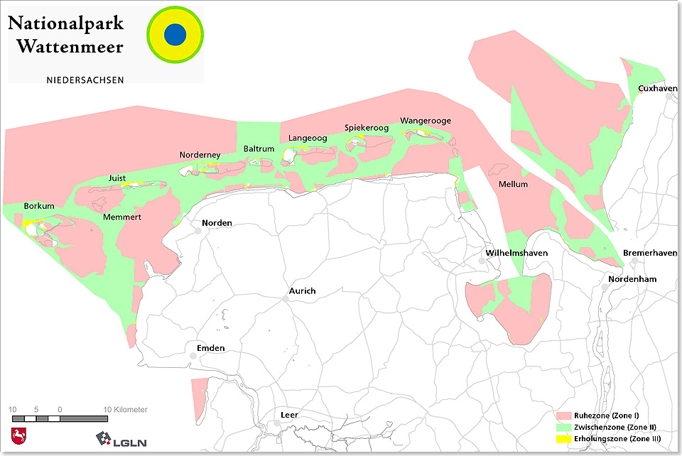 0 Jahre alt: Nationalpark Niederschsisches Wattenmeer. Welche Flchen wann oder berhaupt nicht betreten werden drfen, geben auf der Karte unterschiedlichen Farben an.