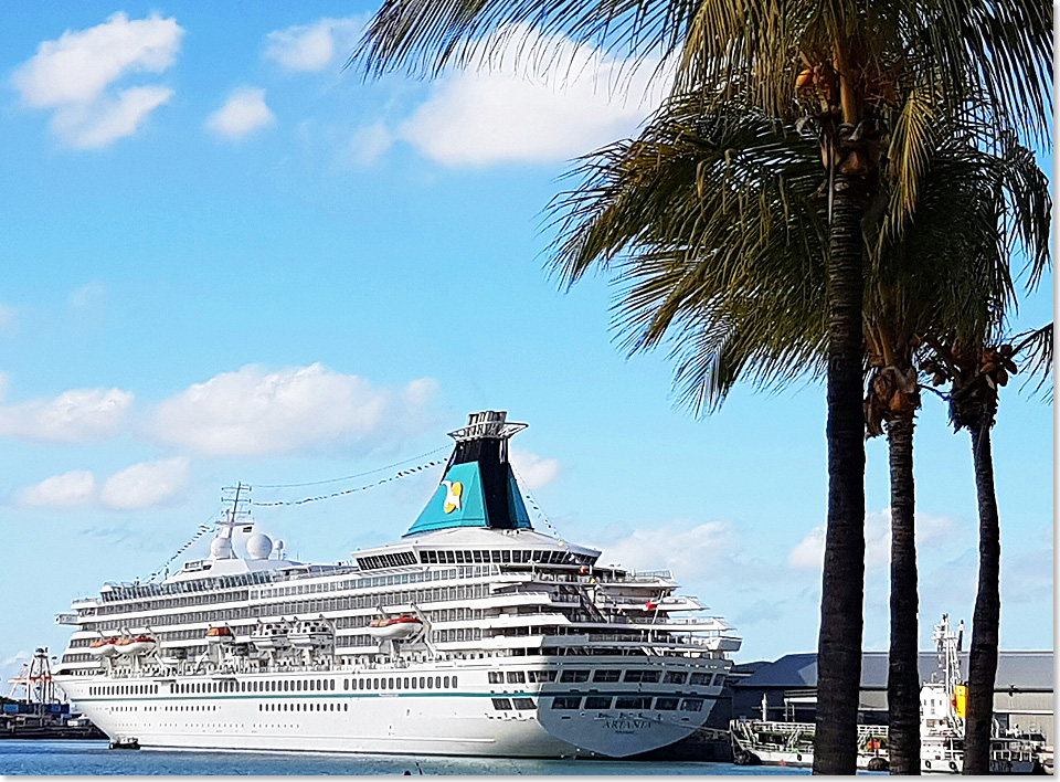 MS ARTANIA in Port Louis, Mauritius unter Palmen.