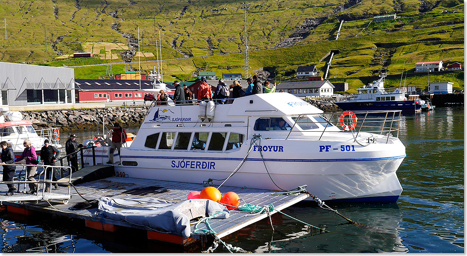 Blick ber die FROYUR auf den Hafen von Fjardarvegur. Hier beginnt und endet die Bootsfahrt zu den Vestmannabijrgini  den Vogelfelsen.