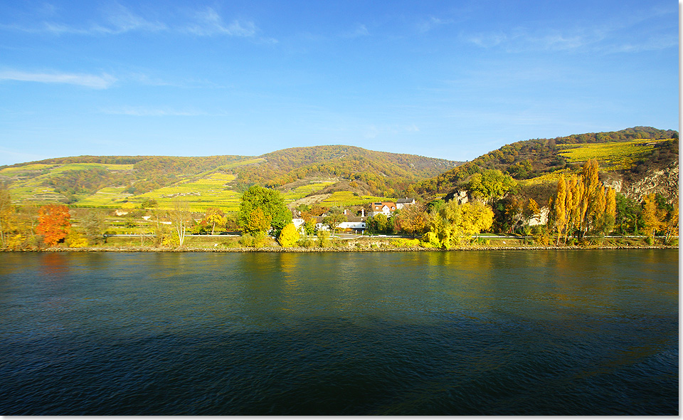 Die ARIANA erreicht in der Frh die Wachau bei blauem Himmel und strahlender Sonne.