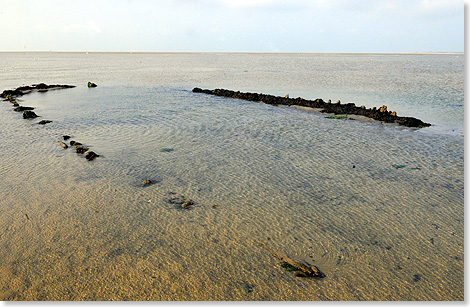 Das Wrack der CITY OF BEDFORD ist nur noch an Umrissen zu erkennen. Der Segler strandete mit einer Ladung Salpeter 1825 auf dem Wege von England nach Dnemark vor Amrum.