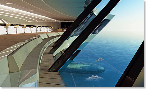 In der am Bug zwischen den beiden Schwimmkrpern untergebrachten Delphin Lounge haben die Passagiere einen einzigartigen Panoramablick auf das Meer.