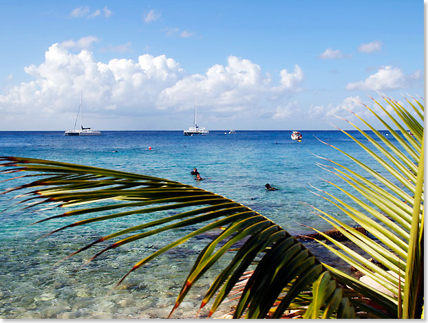 Schnorchler und Boote im glasklaren-Karibik-Wasser vor Cozumel.
