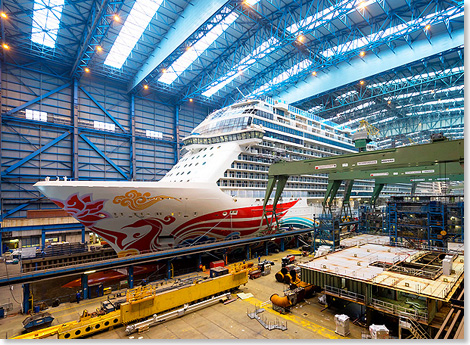 Die NORWEGIAN JOY wird auf Chinesisch XI YUE HAO heien  hier ist sie noch im Baudock der Meyer Werft, dass sie am 4. Mrz verlsst.